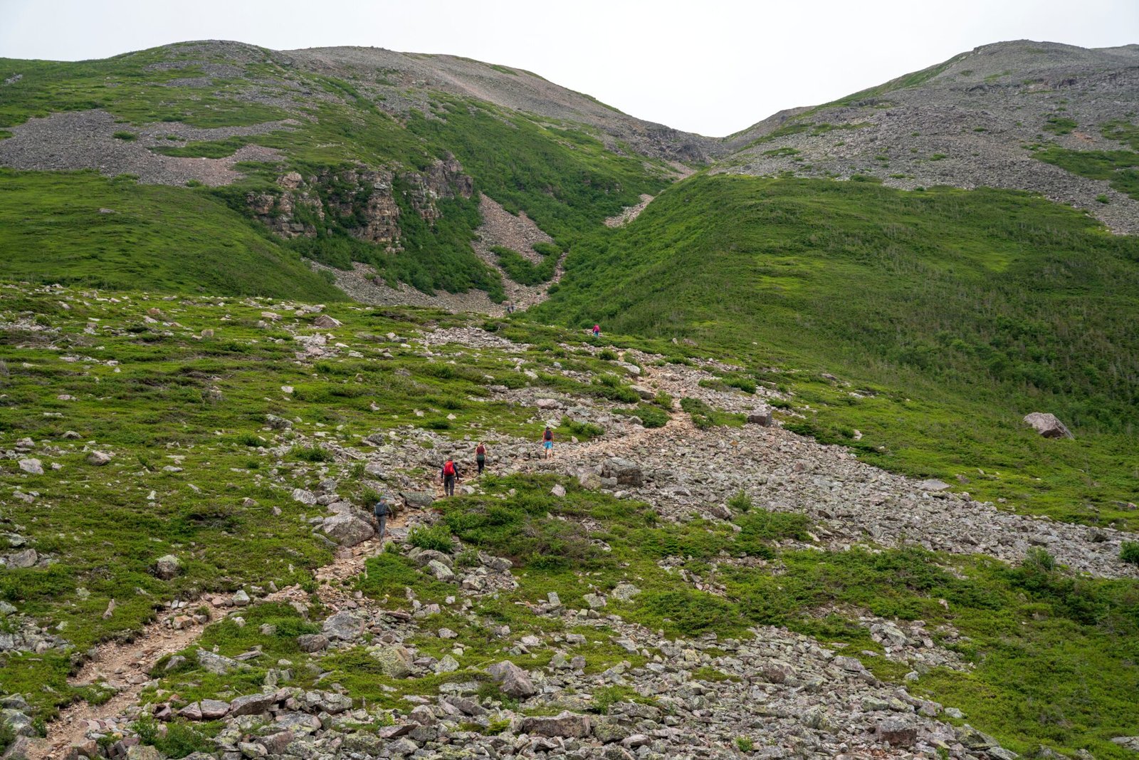 A group of hikers traverse a lush, rocky mountain landscape under a cloudy sky.